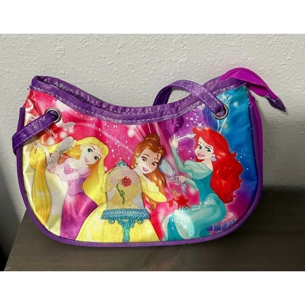 Kids Disney Princess Ariel Belle Rapunzel Shoulder Bag Purple Glitter Strap
